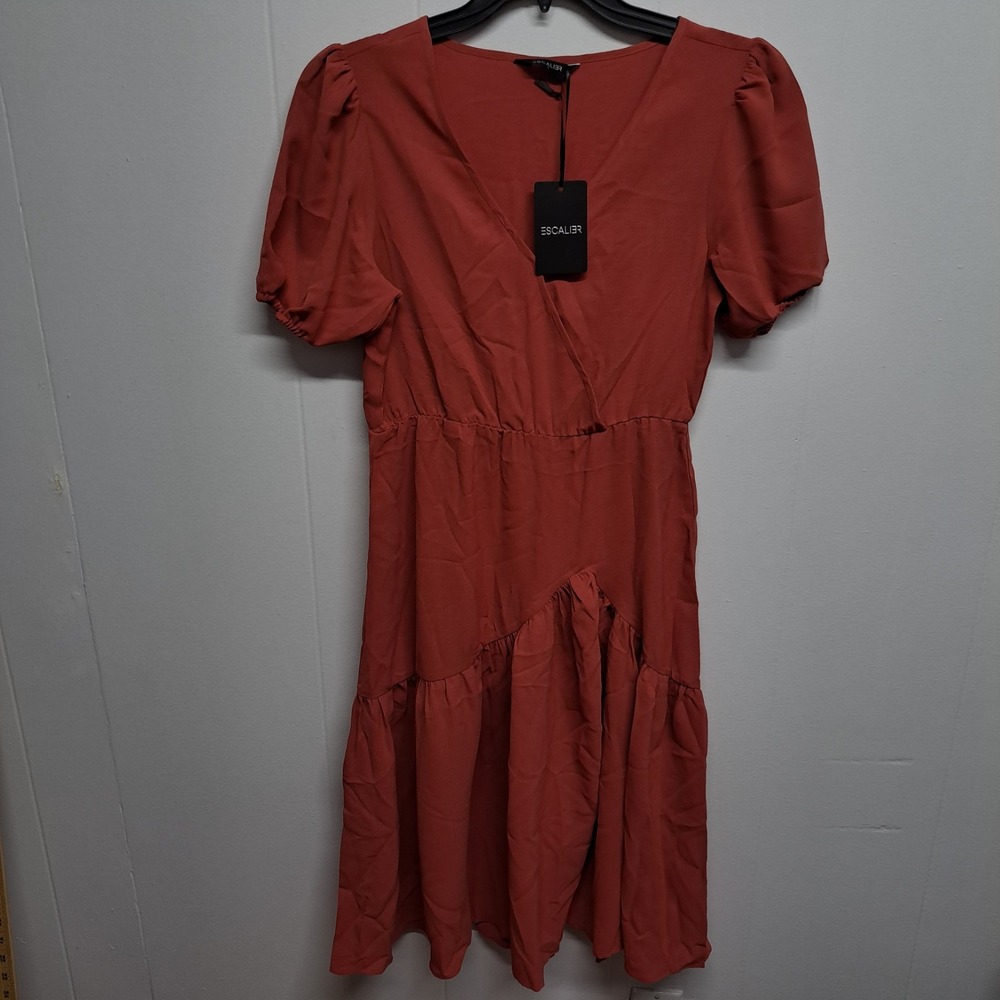 Escalier Brick Red Midi Dress S Puff Sleeve Tiered Waist Tie‎ Cottagecore NWT